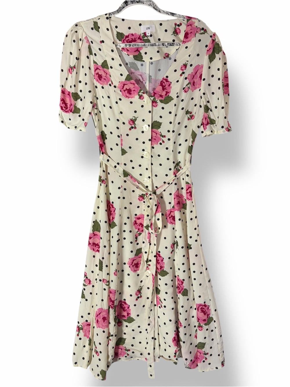 LPA Bambina Dress in Dotty Rose Floral Polkadot Button Front Belted Midi S - Picture 3 of 9